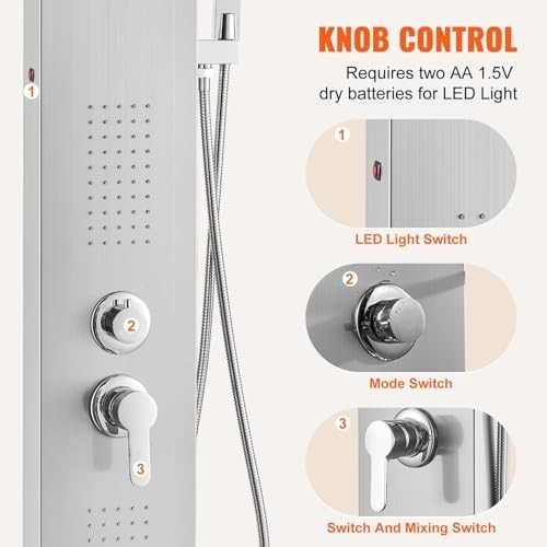 5-Mode Shower Panel System with LED, Rainfall & Waterfall, 2 Body Jets, Handheld