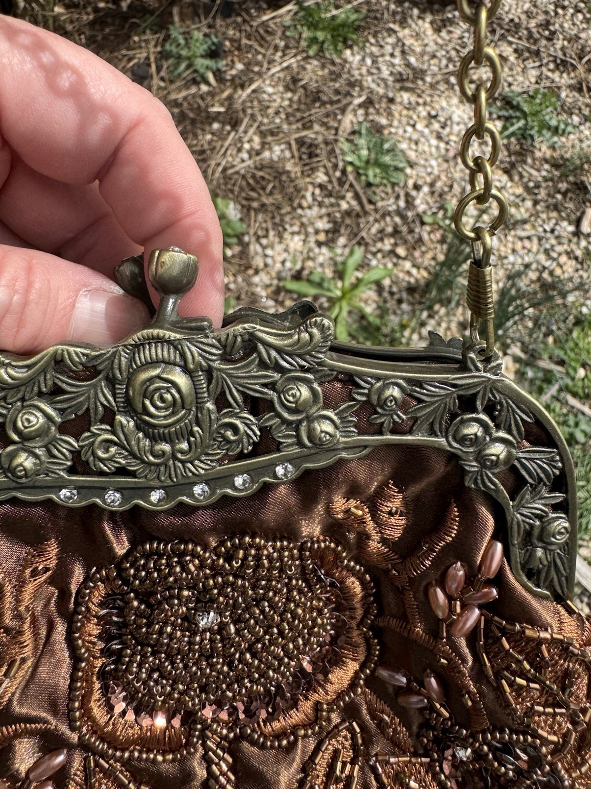 Vintage Beaded Evening Bag Brown Kiss Lock Closure Bronze Metal