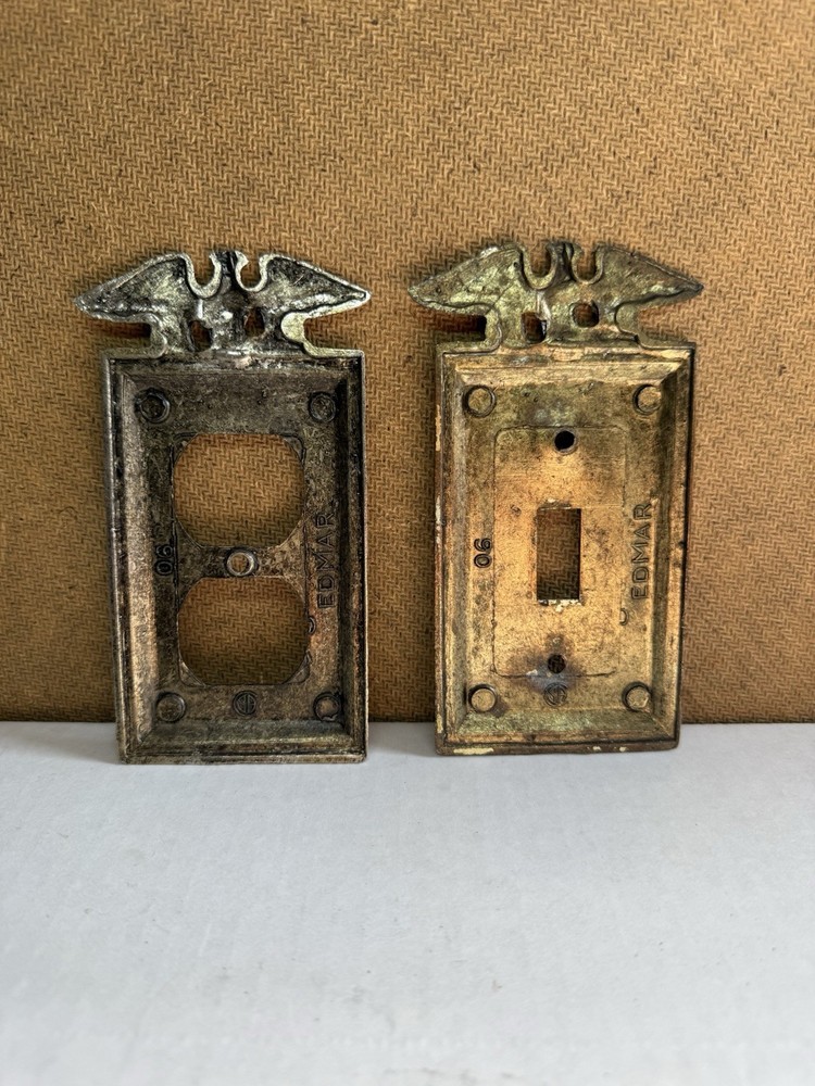 EDMAR 90 M.C. Co. Hammered Brass Eagle Single Light Switch & Double Outlet Cover