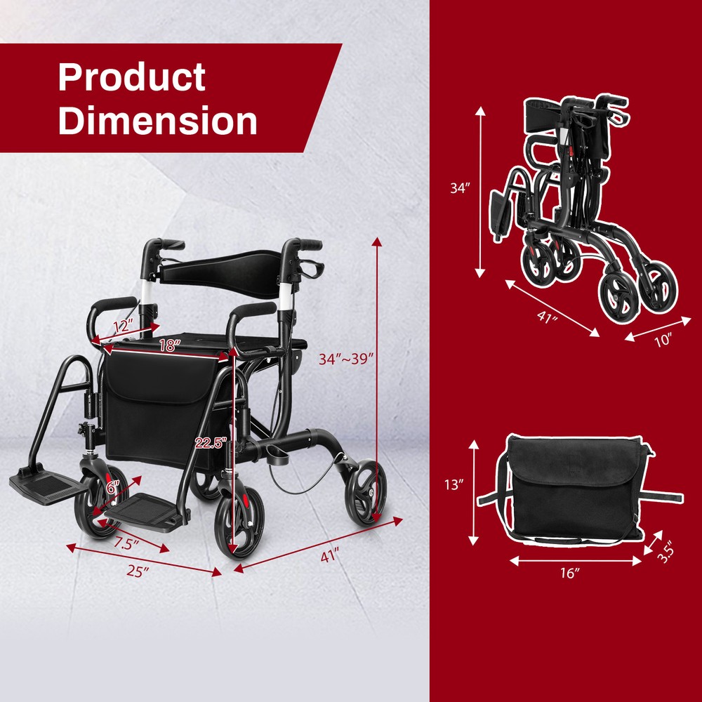 3-Wheel Rolling Walker Folding Rollator Walker w/ 8 inch Wheels