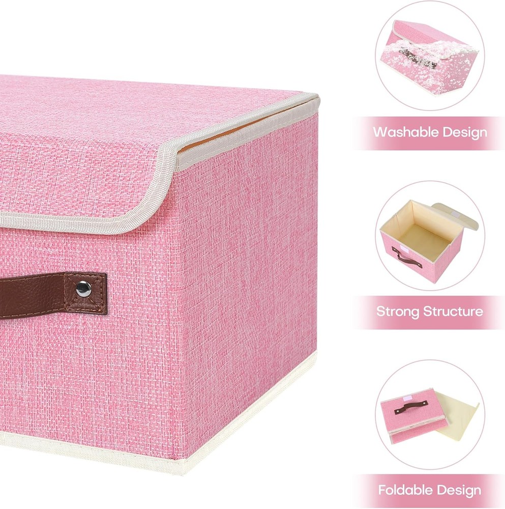 Storage Bin Lid PU Leather Handle Foldable Cotton Linen Beige Small