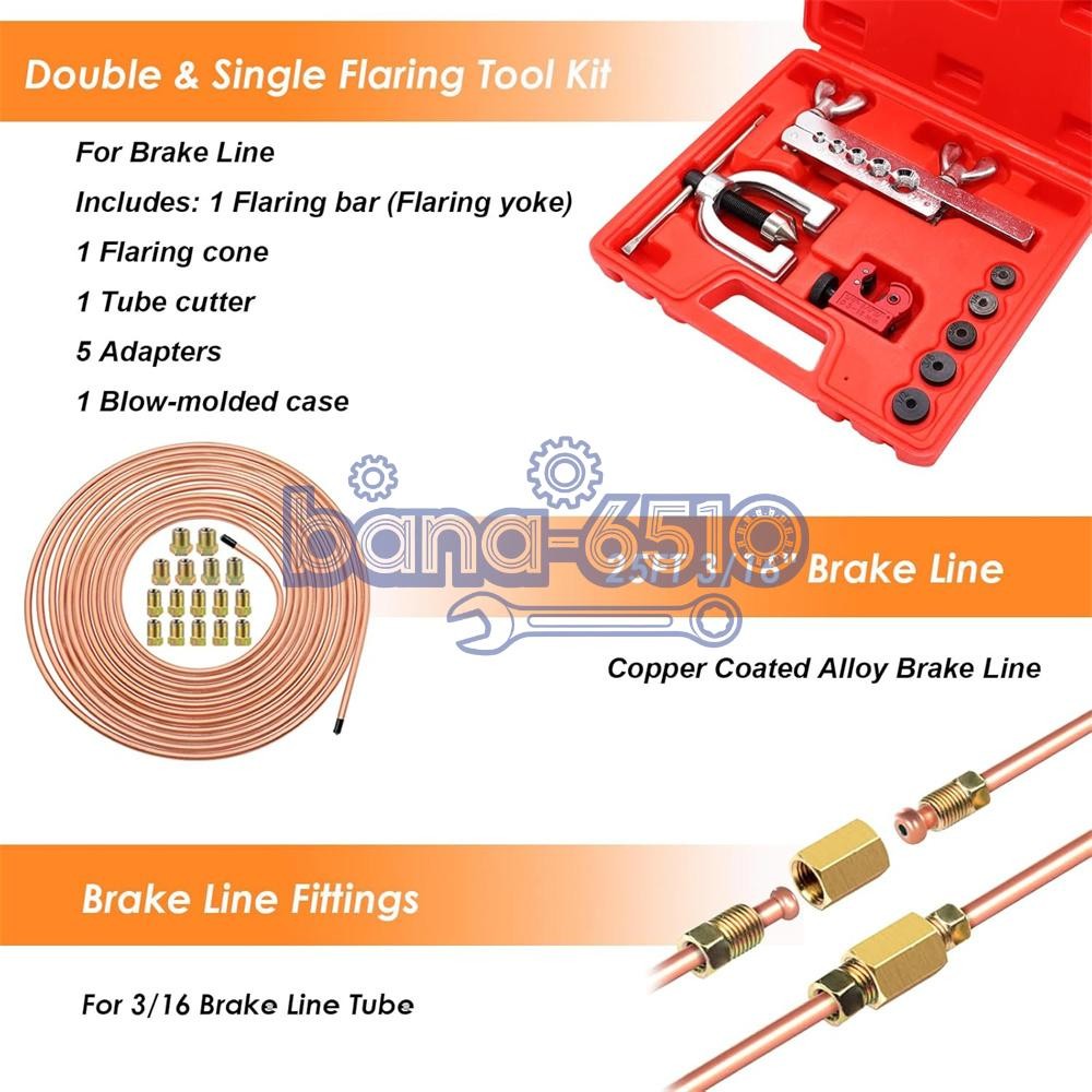 Brake Line Pipe Repair 20 Nuts Fittings Kit 3/16 25ft Copper Pipe Flaring Tools