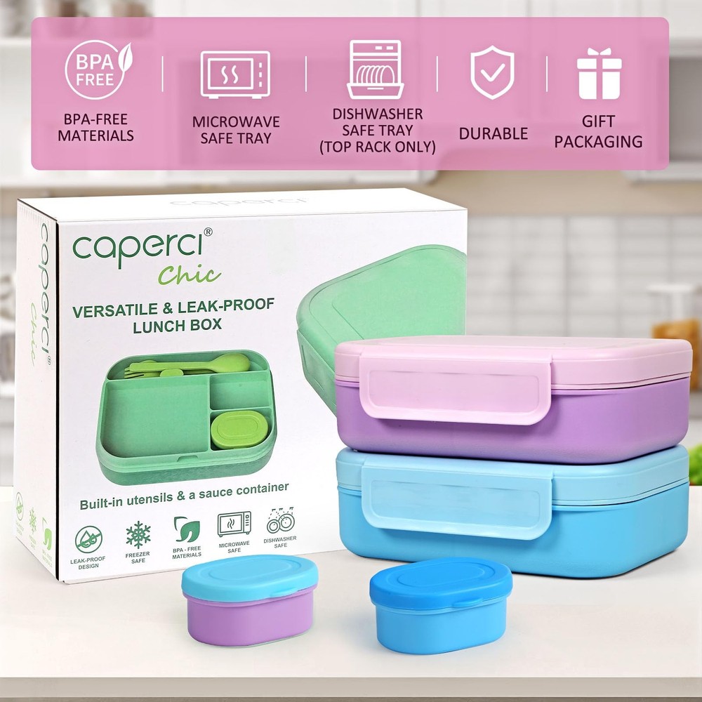 Caperci Bento Box for Kids - Stackable Leakproof Multiple Compartments Lunch ...