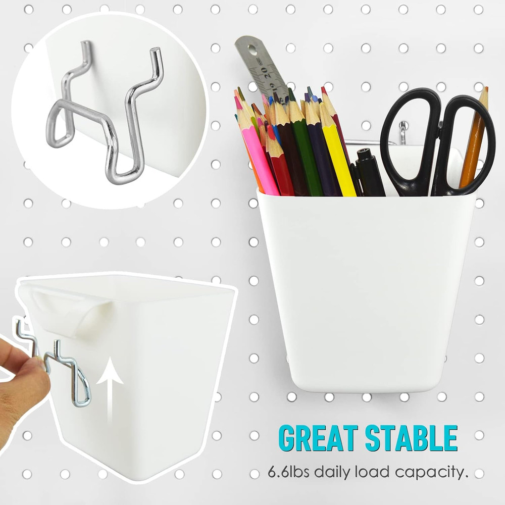Large Pegboard Cups Peg Board Storage Bin 6 Pack with Hooks, Square Box Shape Pe