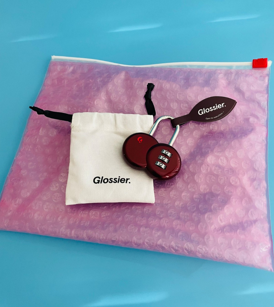 Glossier Cherry Shaped Combination Lock + Pink Bubble Wrap Pouch Dust Bag Charm