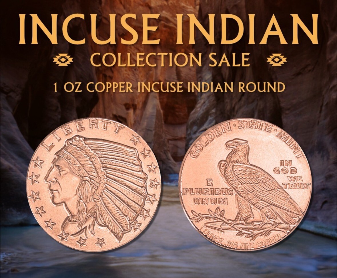 20X - Incuse Indian COPPER Round 1 oz .999 Fine Copper Round - BACKORDER
