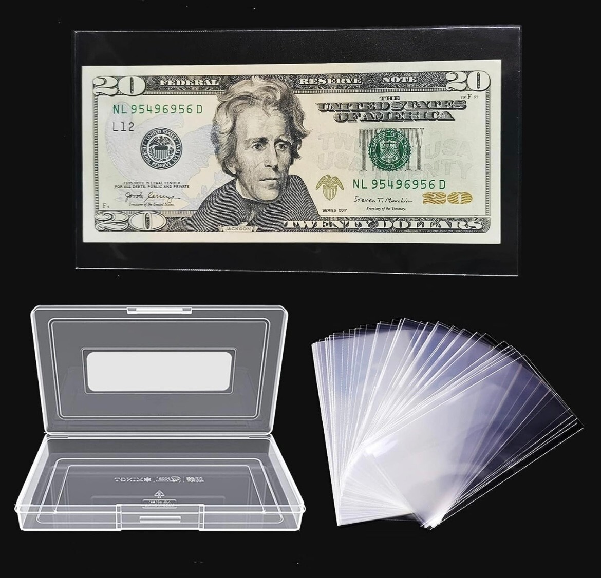100Pcs Clear Paper Money Sleeves & Holders with Storage Case for Dollar Bills