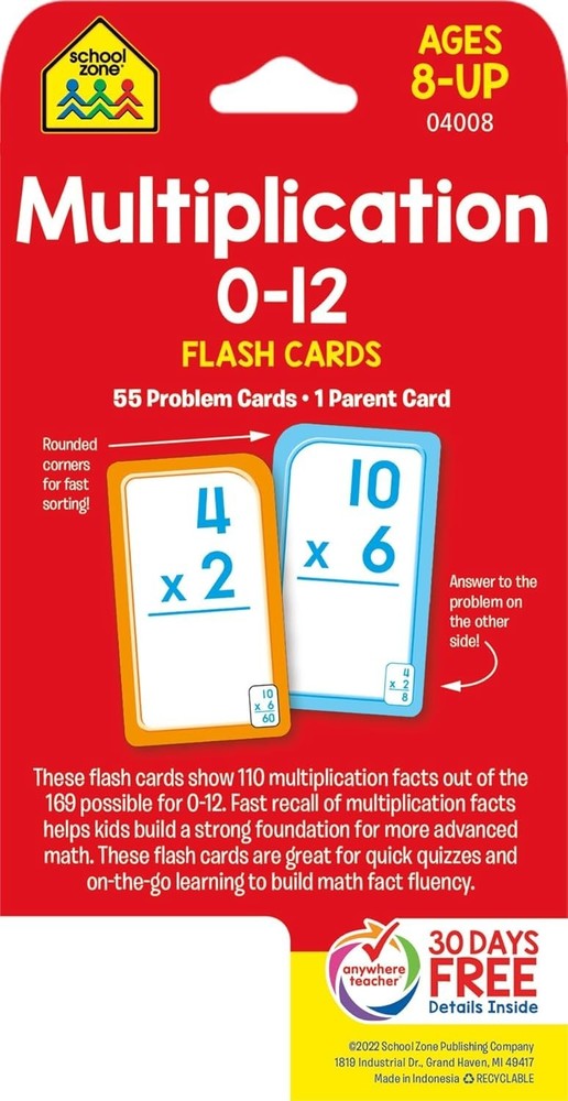 Multiplication Flash Cards 0-12 Flash Cards Elementary Grade Math for Ages 8+