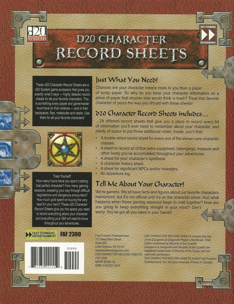 D&D 3rd ed D20 Character Record Sheets, Detailed sheets for each Class D&D FS
