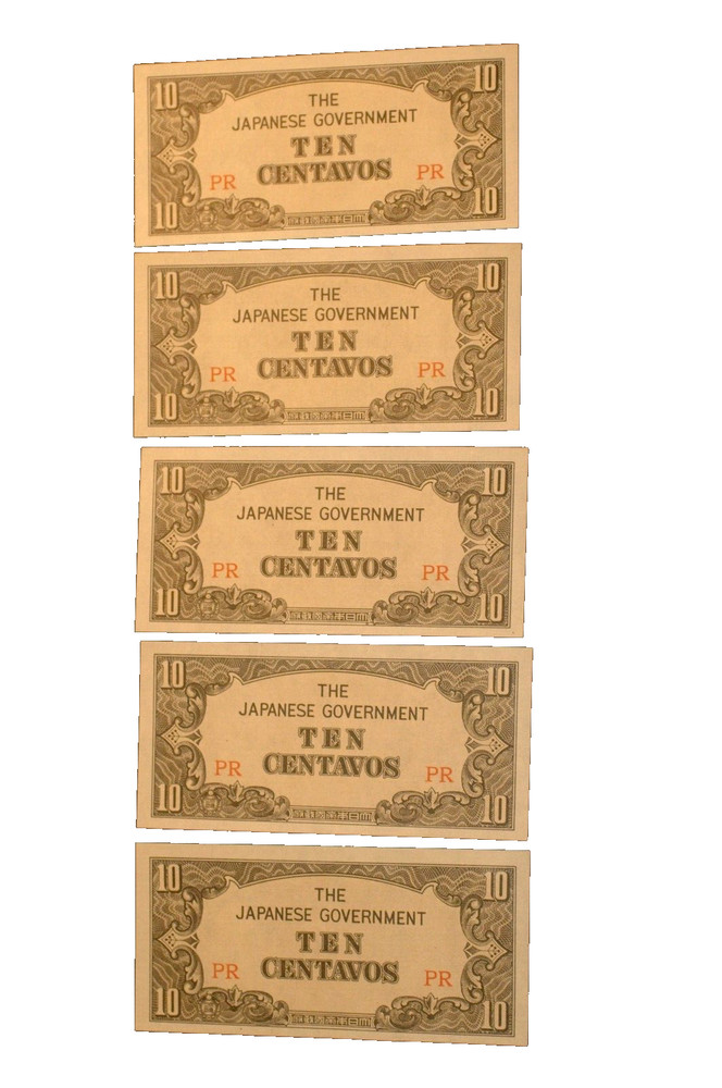 10 Centavos Japanese Philippine invasion notes Five (5) crisp uncirculated notes