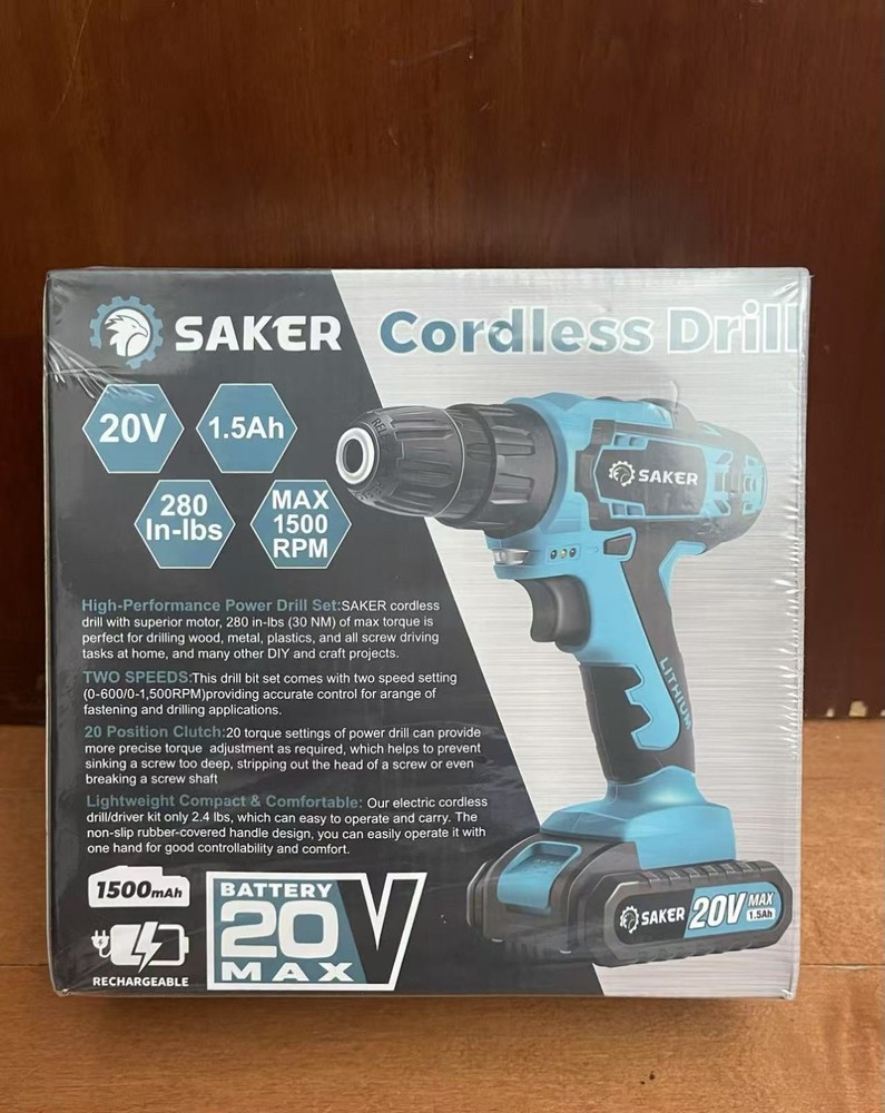 Saker Cordless Electric Drill Set High Performance 2 Variable Speeds 20V K2