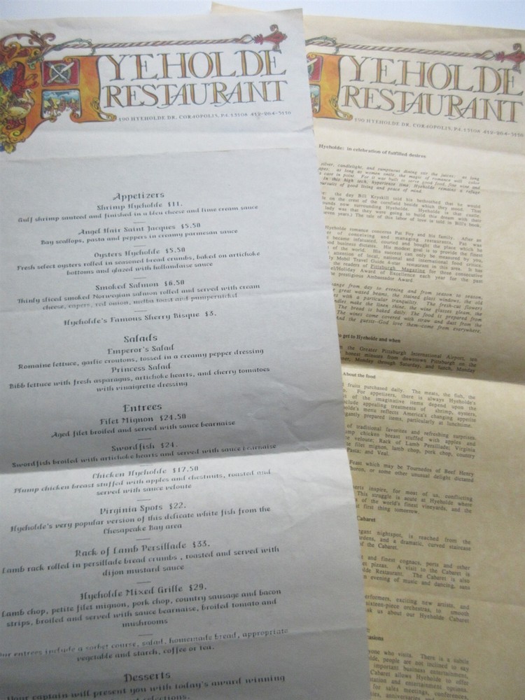 Hyeholde Restaurant Menu 190 Hyeholde Dr. Coraopolis, PA