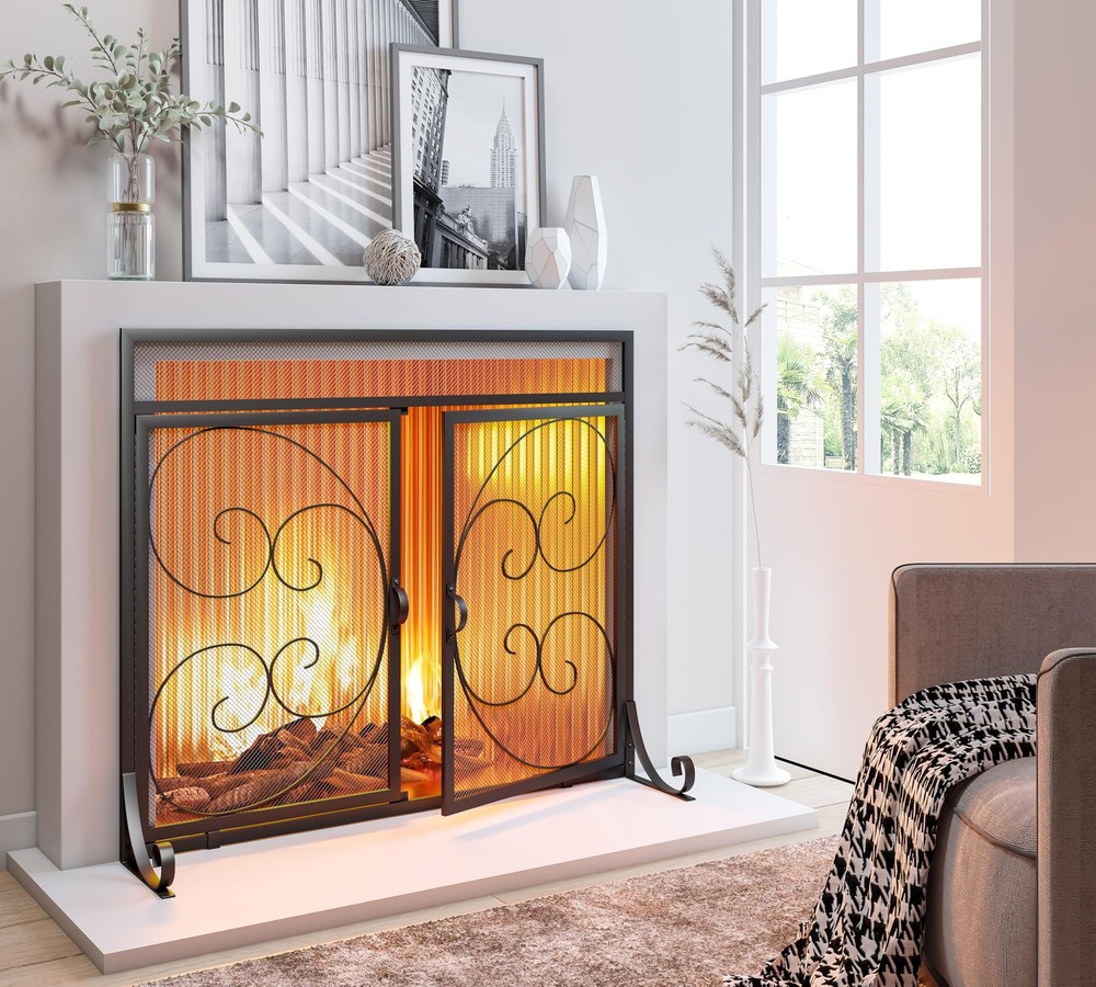 Flat Fireplace Screen with Hinged Doors Handcrafted Wrought Iron Classical Sc...