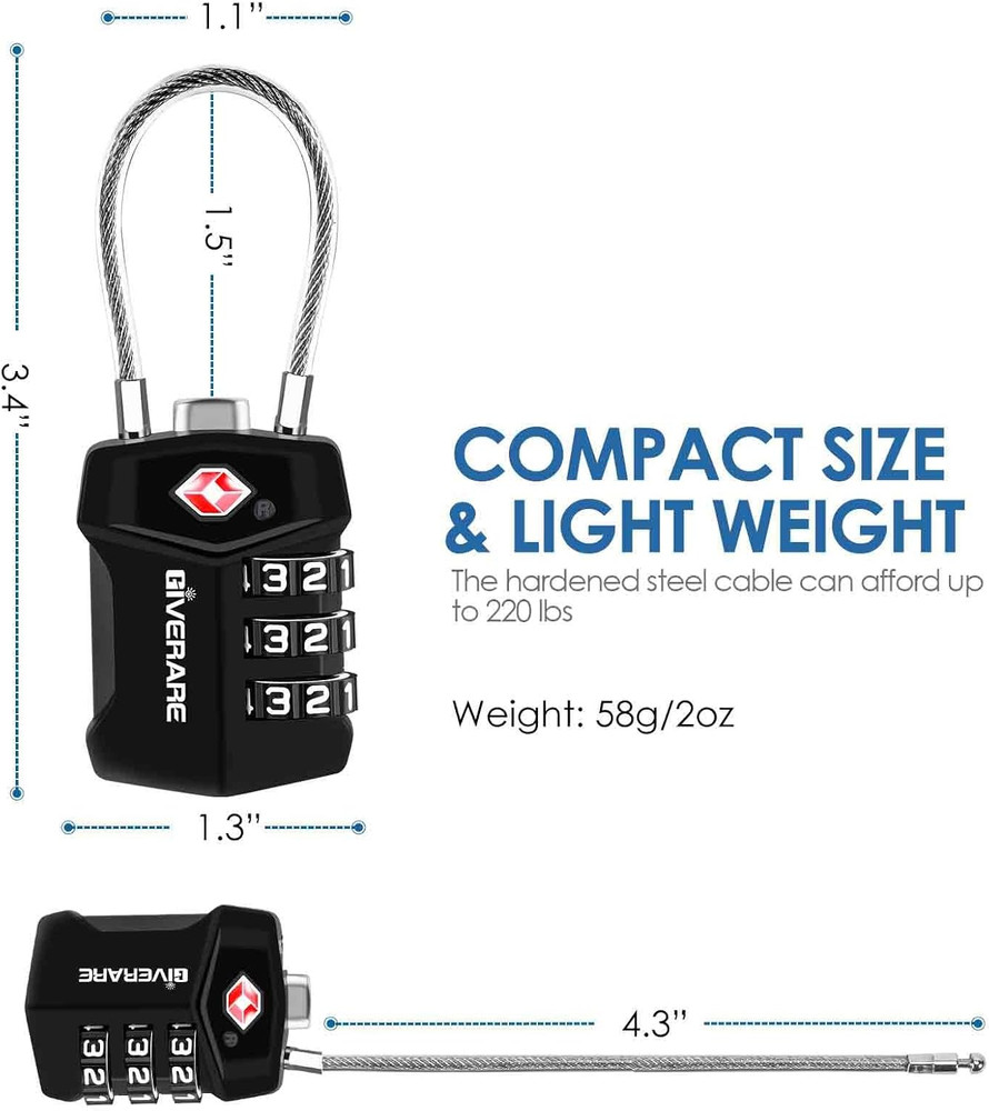 2-Pack TSA Approved Cable Combination Luggage Locks, 3-Digit, Weatherproof Black