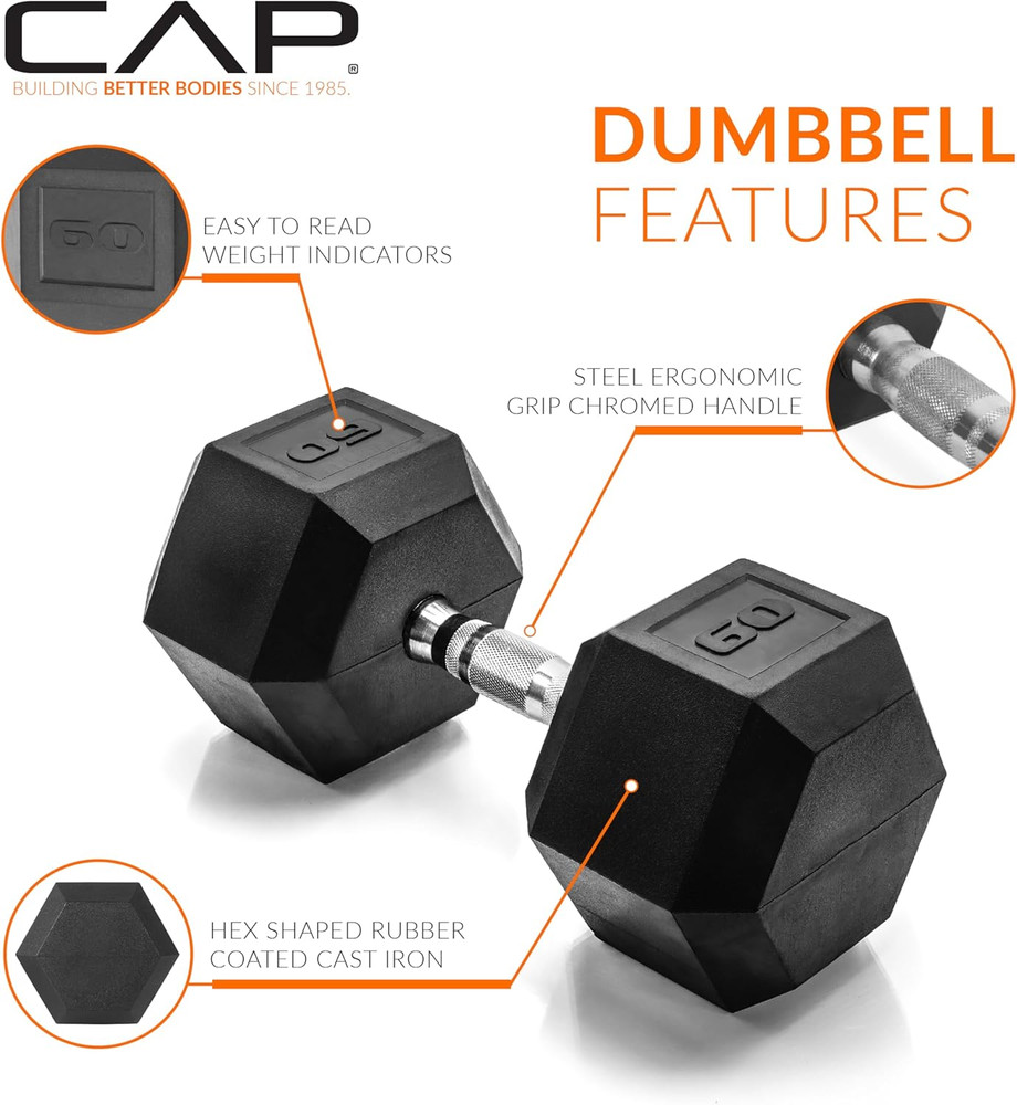 Coated Hex Dumbbell Weight - Single | 10-120 Lbs | Multiple Options