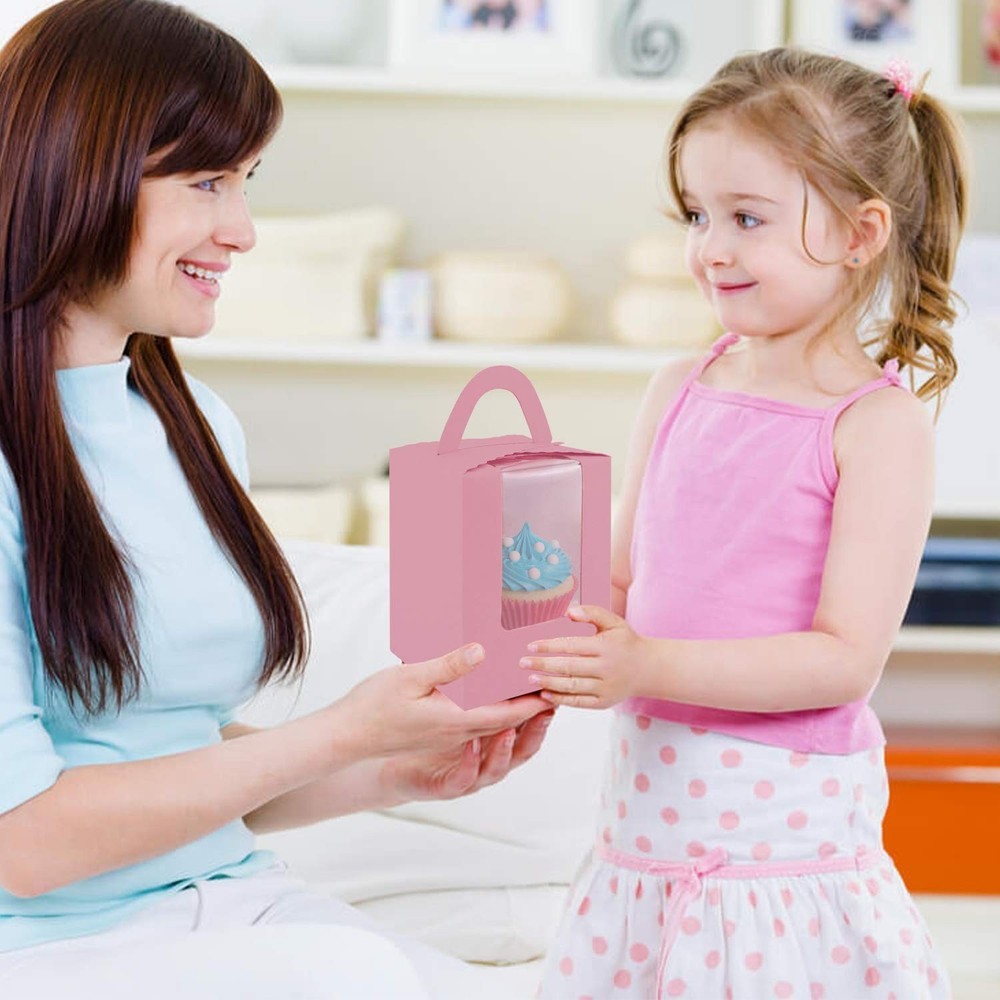 Pink Cupcake Boxes, 30 Pack - Clear Window Inserts, Handle - Muffin & Pastry ...