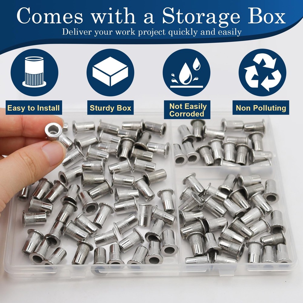 8-32 UNC Rivet Nut 100Pcs Stainless Steel Flat Head Threaded Insert Nutsert