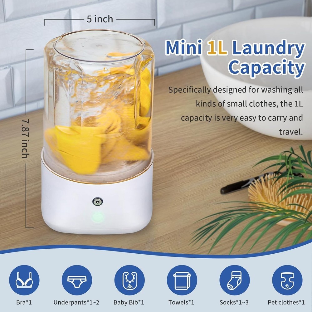 Mini Portable Washing Machine - USB Rechargeable 1L Small Washer with 2 Modes...