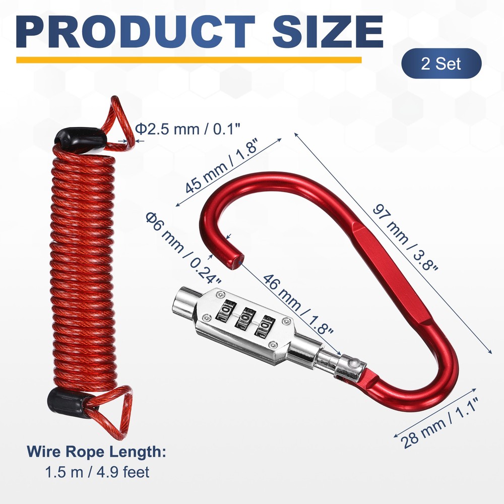 2 Set 4.9Ft Cable Lock Steel Safety Cable with 3.8" Combination Lock Red