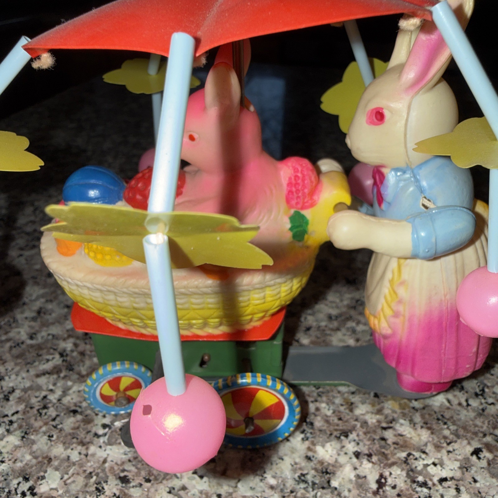 Vintage Wind-Up Bunny Carriage Tin & Celluloid Toy Made in Japan Box O.K.D.