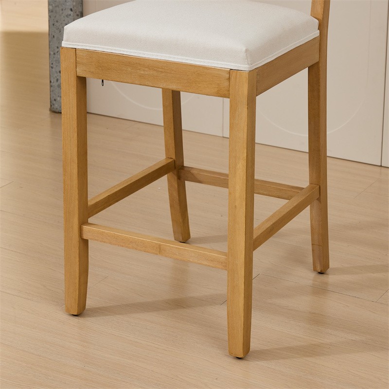Set of 2 Solid Wood Rattan Bar Stools Comfort Linen Cushion High-Resilience Foam