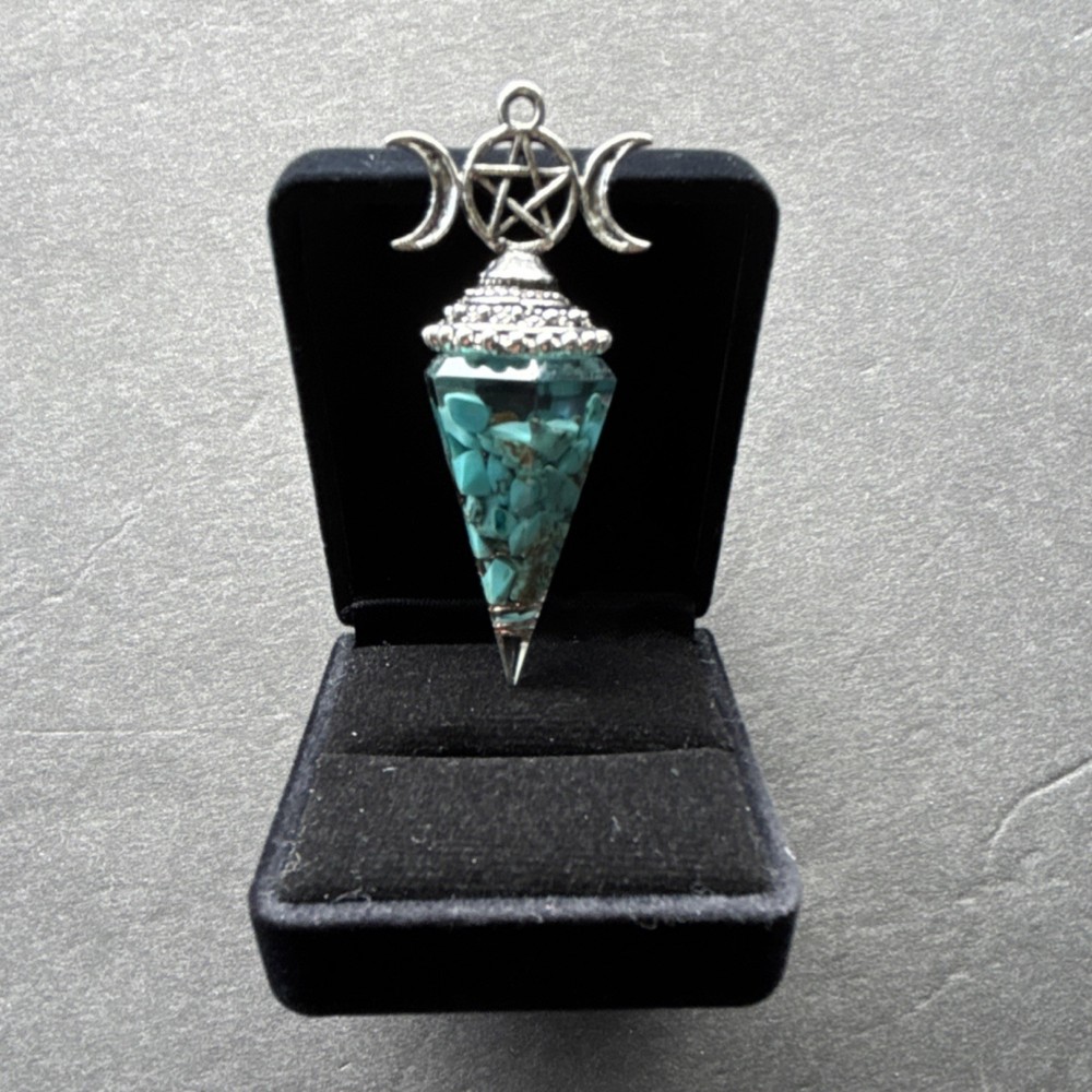 Turquoise Crystal Healing Pendulum Pentacle Moon Symbol with Chain
