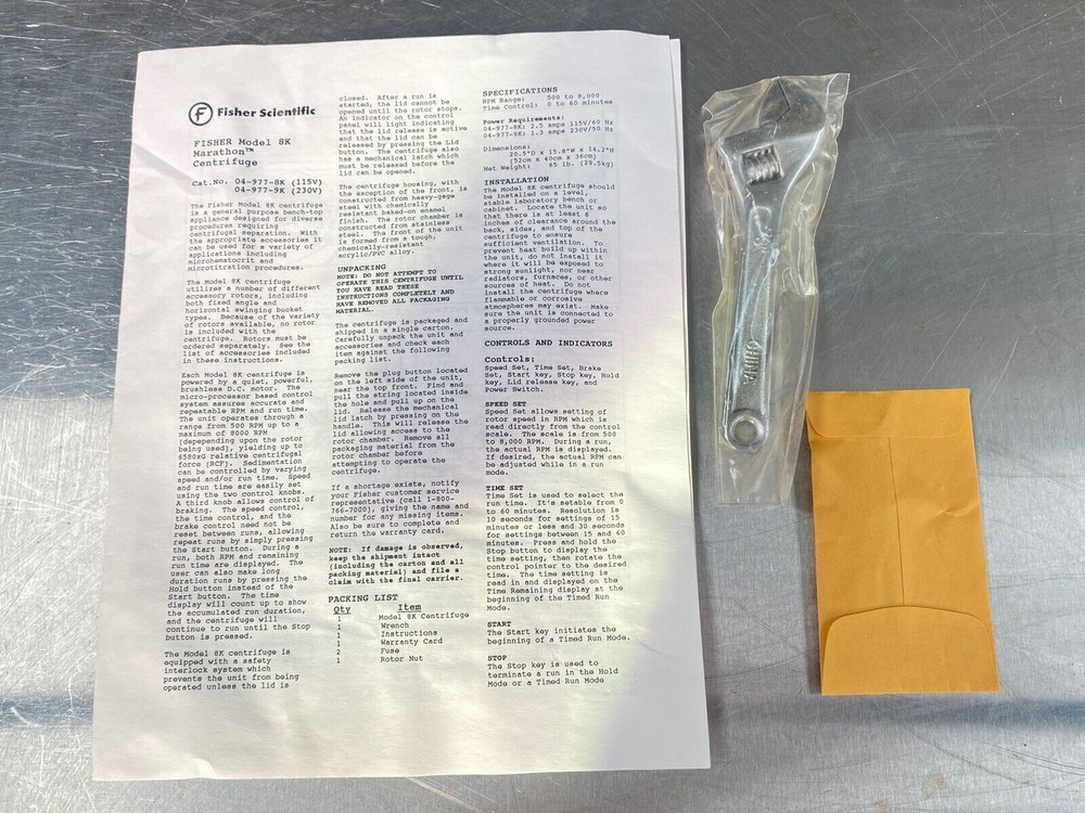 Fisher Scientific 8k Marathon Centrifuge + Tools - Users Manual /Guide Book
