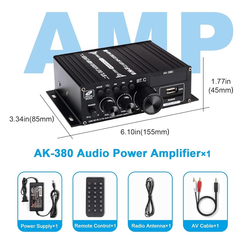 Compact Bluetooth Amplifier with Remote Control - Supports Bluetooth/USB/AUX/RCA