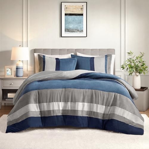 Queen Comforter Set, 3 Piece Luxe Microsuede, Pieced Design Full/Queen Blue