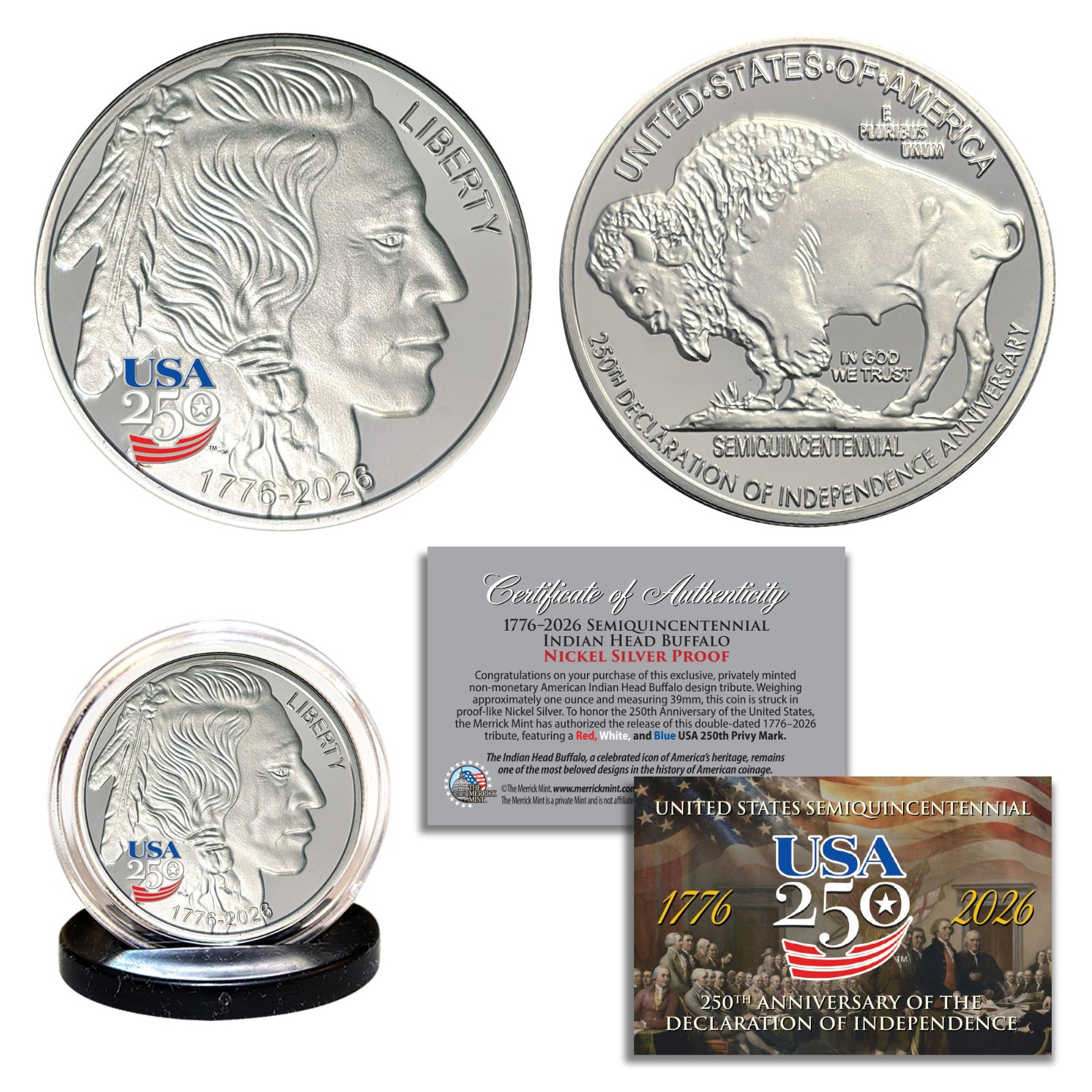 1776-2026 America 250 INDIAN HEAD BUFFALO Nickel-Silver Proof Tribute 1 OZ Coin