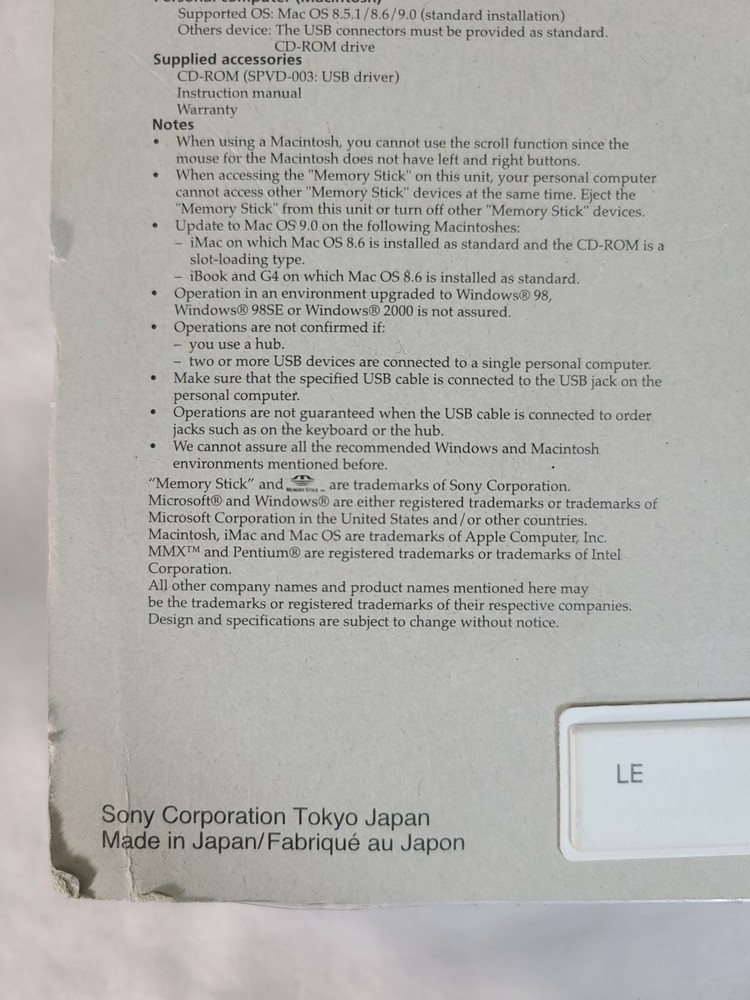 Vintage / Sony Memory Stick Reader Writer USB Optical Mouse / MSAC-US5 / Sealed