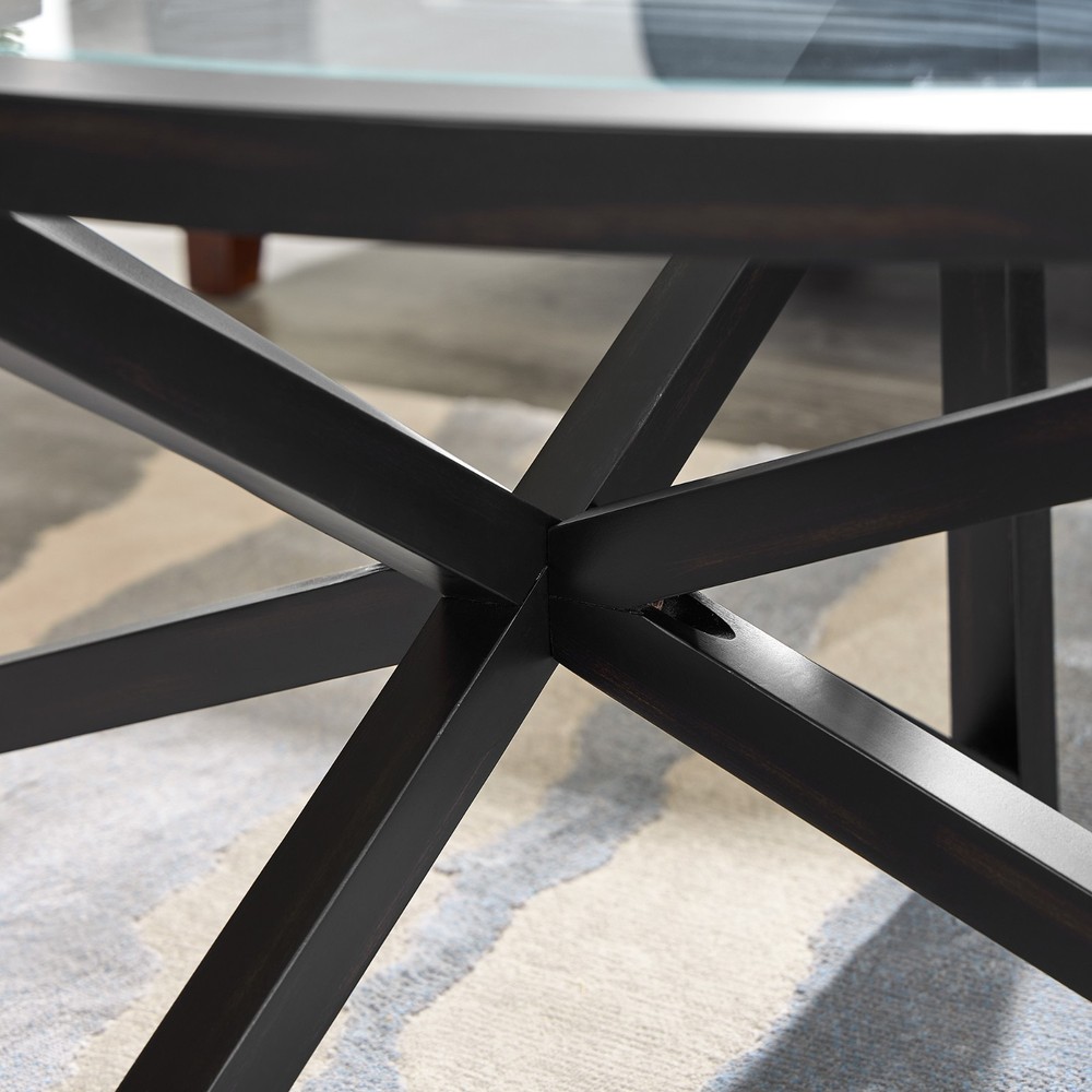 Modern Glass Coffee Table - Tempered Round Top, Solid Wood Base