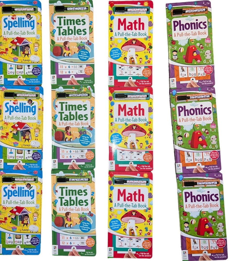 4 Kid Learning Book Math,reading Phonics Times Table Pull The Tab & Wipe Clean