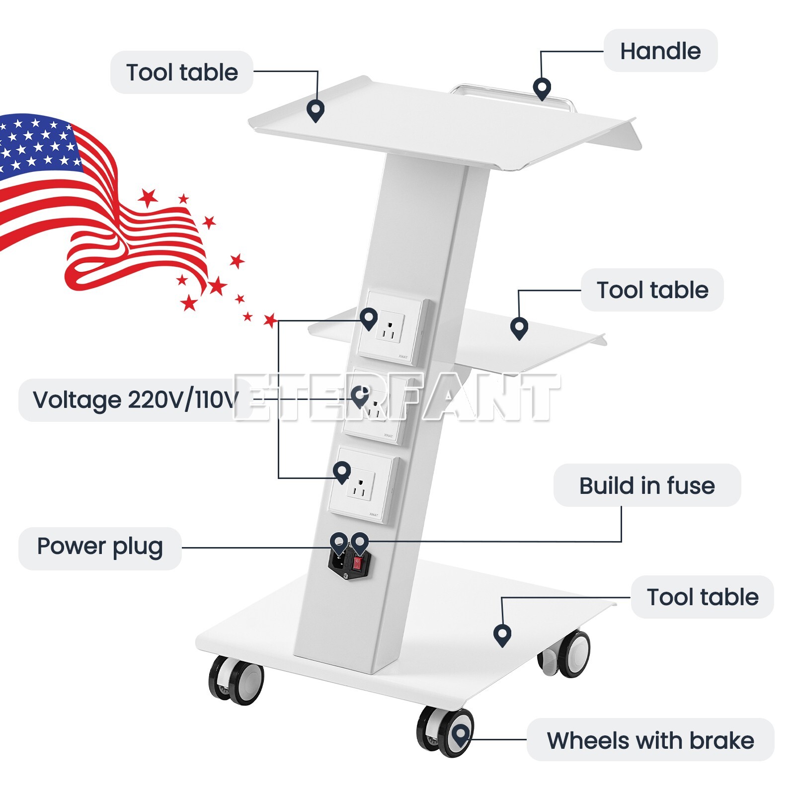 Dental Trolley Mobile Medical Tool Cart Lab Stand 4 Casters Three Layer Serving