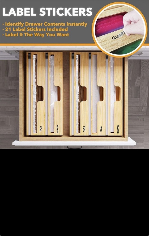 Compact Bamboo Wrap Organizer with Cutters – Holds 3 Wrap Types for Drawer
