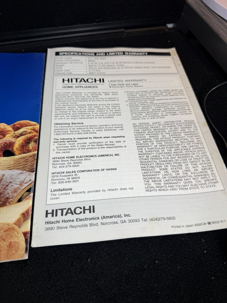 Hitachi Automatic Home Bakery II Bread Machine HB-B102 User Manual & Cookbook