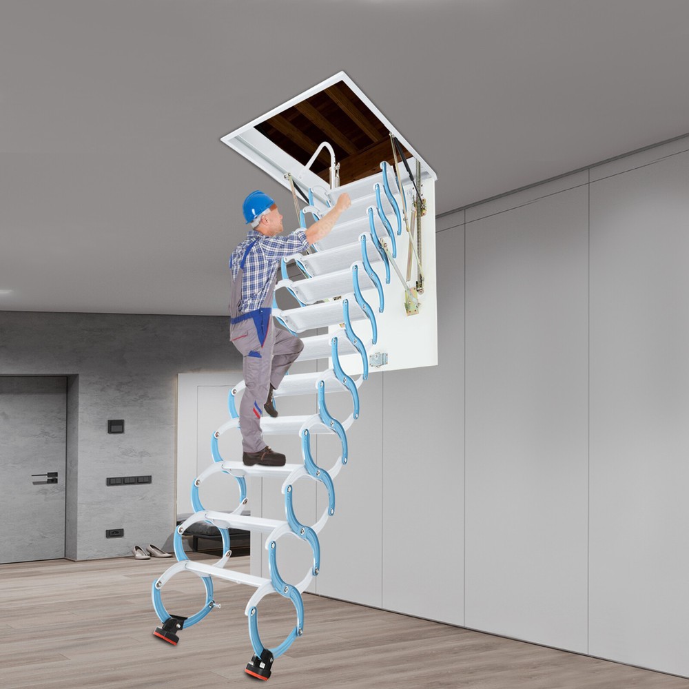 12 Steps Attic Ladder Pull Down Attic Stairs Folding Ladder Ceiling Mounted 10ft