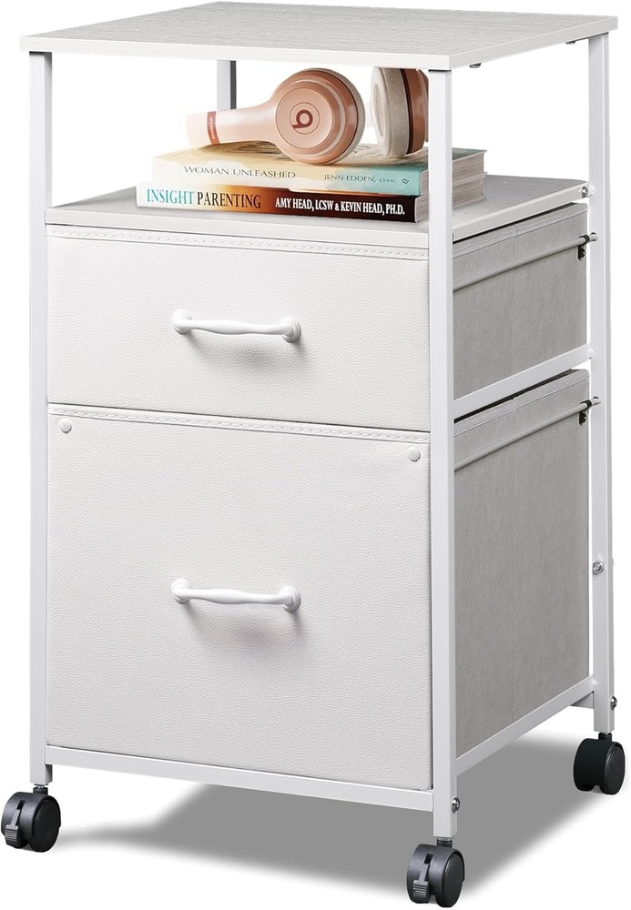 2 Drawer Fabric Vertical Filing Cabinet Rolling Printer Stand White