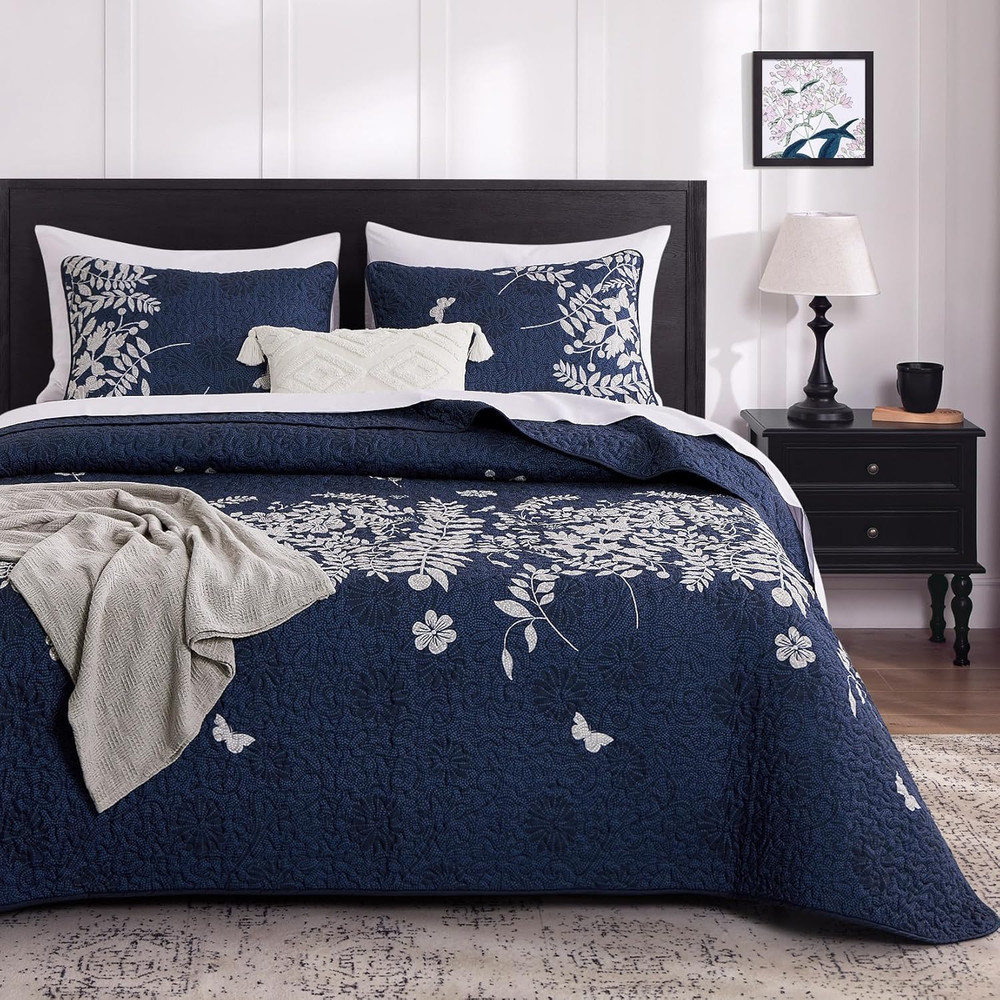 Floral Quilt Set, Botanical Elegant Flower Tree Leaf Modern Pattern Printed, Rev