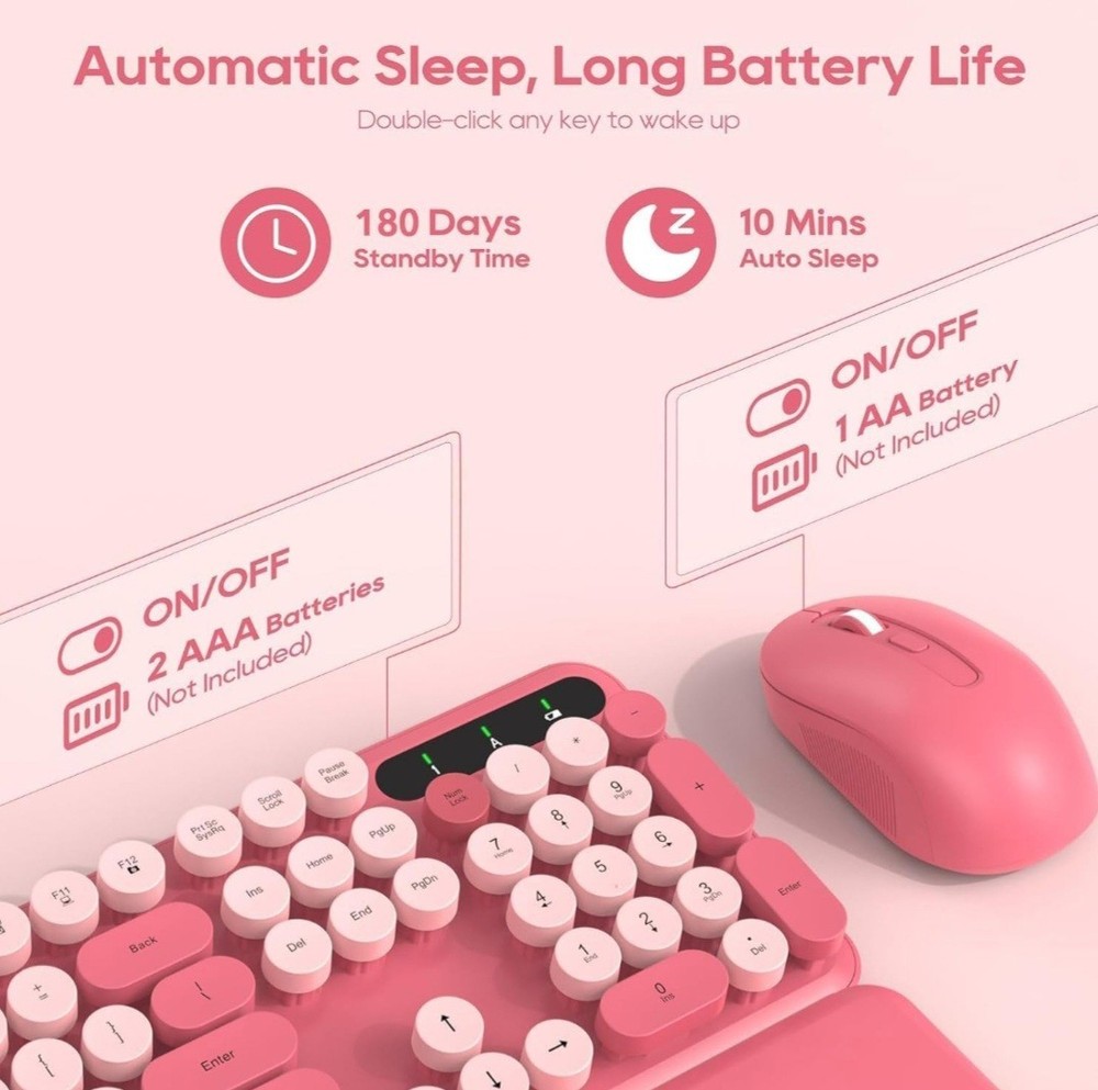 Wireless Keyboard and Mouse Combo - Round Keycaps, Full-Size Retro Typewriter...