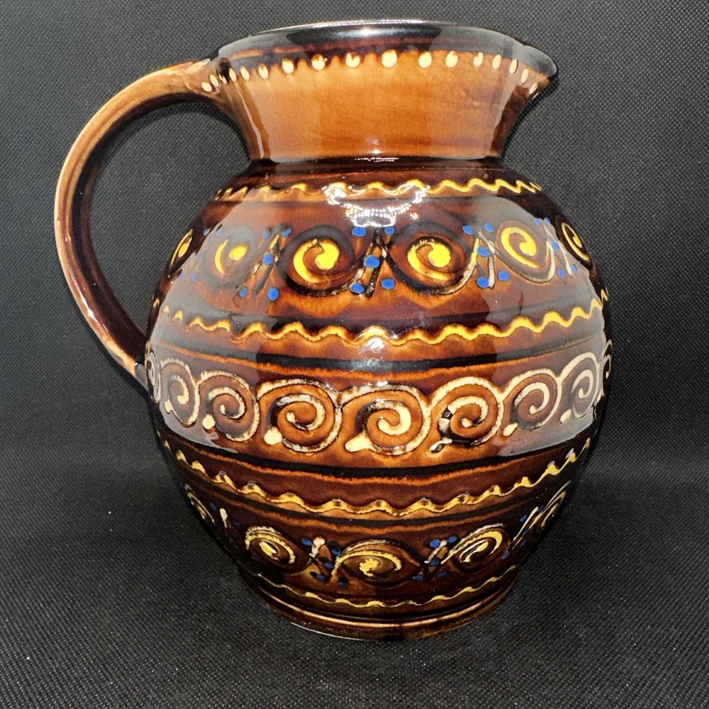 Art Pottery Pitcher Brown & Yellow Glazed Pattern