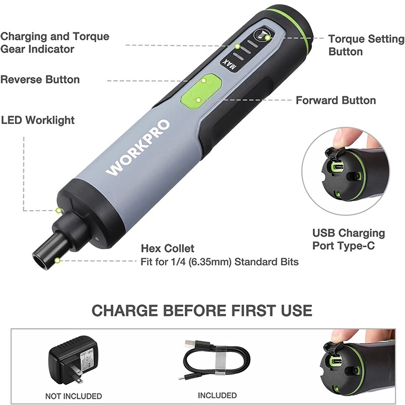 WORKPRO 4V Rechargeable Cordless Electric Screwdriver Sets Extension Rod 35 Bits