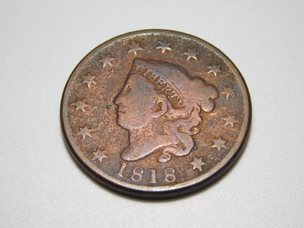 OLD US COPPER COINS 1818 CORONET HEAD LARGE CENT