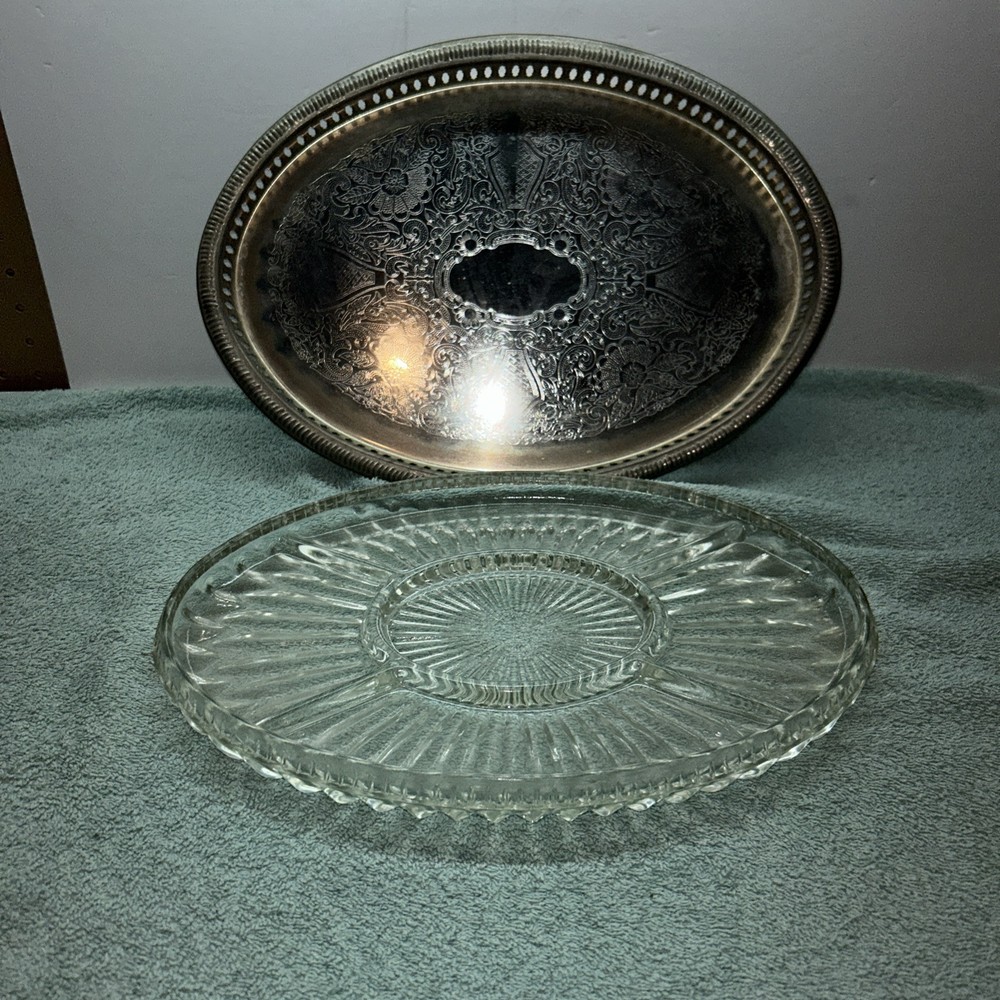 Vintage Silverplate Serving Tray 5 Section Crystal Insert
