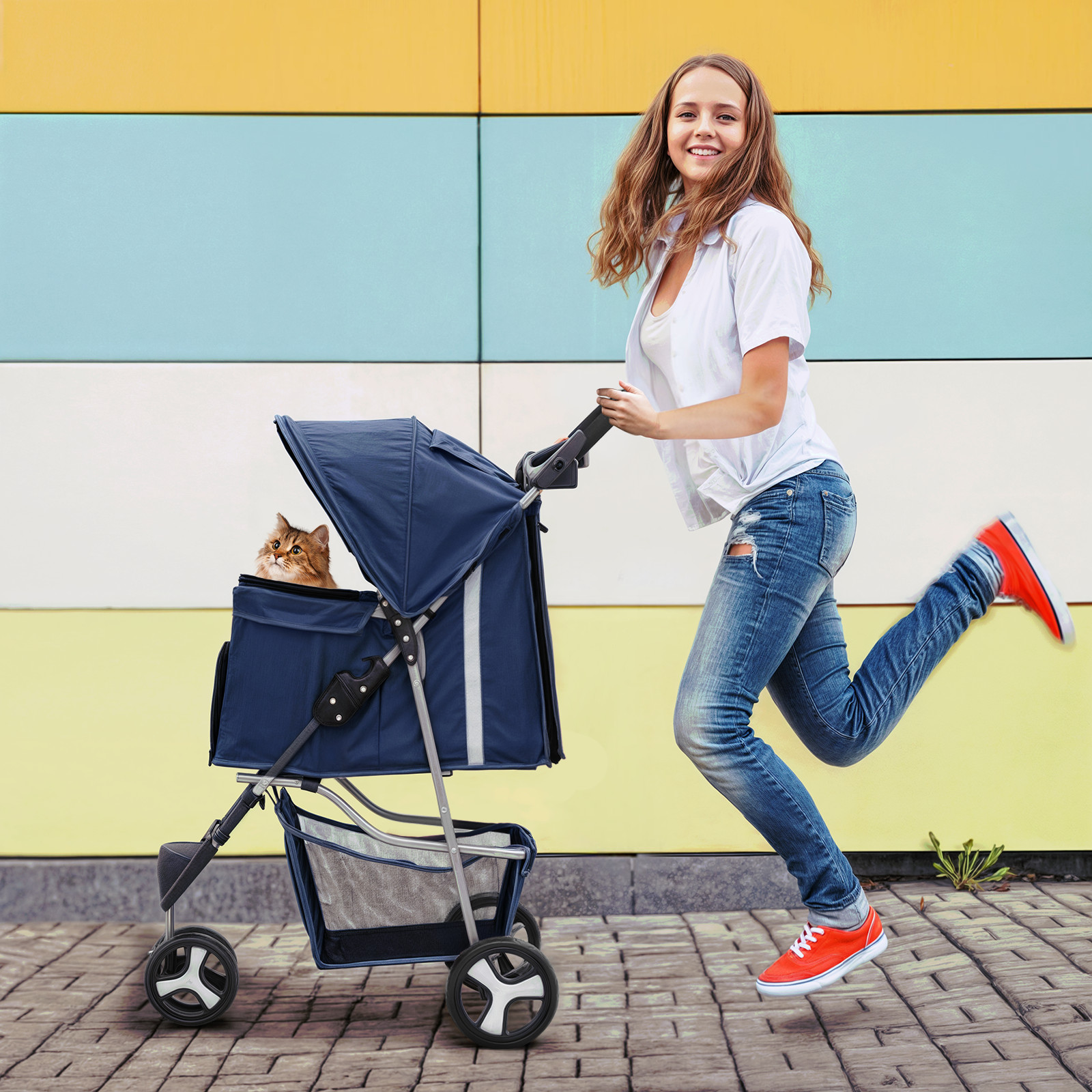 Blue Foldable Dog Stroller Small Medium Pet Travel Cage Carrier Cart w/Sunshade
