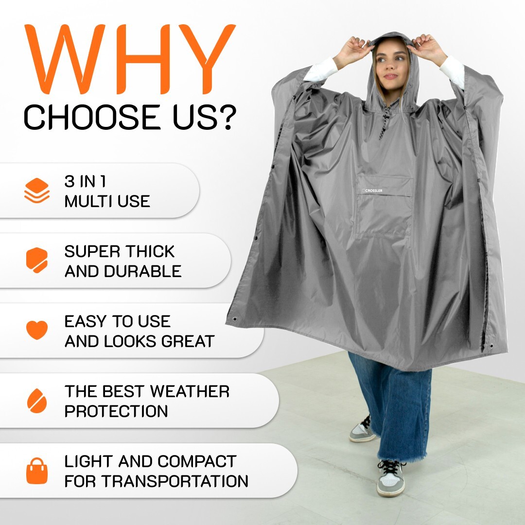CROSSLER Hooded Rain Poncho with Pocket, for Men Women Adult, 3-in-1 Waterproof