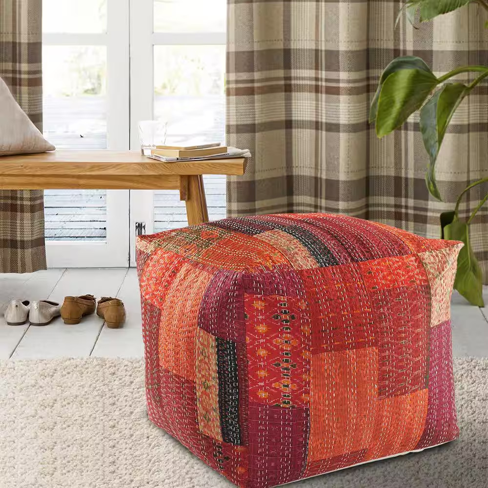 Faith Red Patchwork Hand-Stitched Cotton Blend Ottoman Pouf