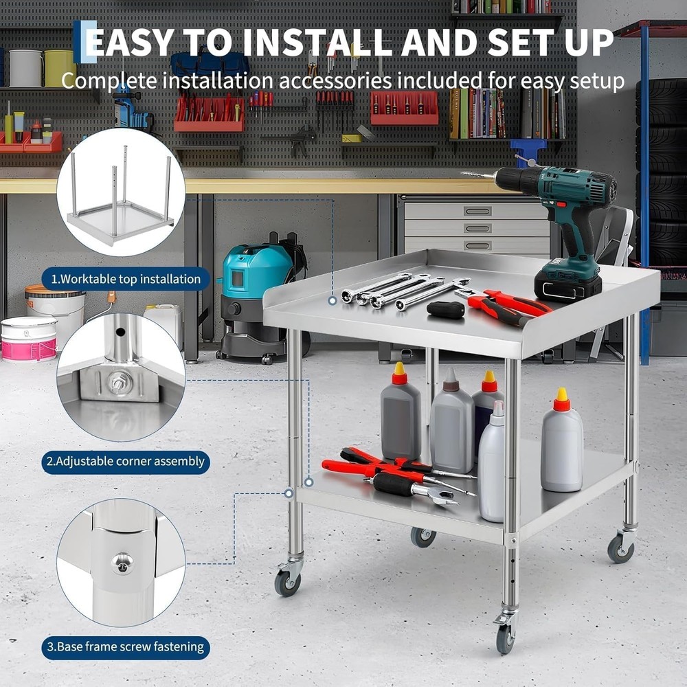 Stainless Steel NSF Kitchen Restaurant Work Prep Table with Wheels & Backsplash