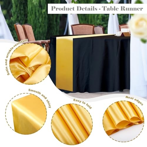 12 Pcs Round Plastic Tablecloth and Satin Table Runner, 84" Plastic Black Gold