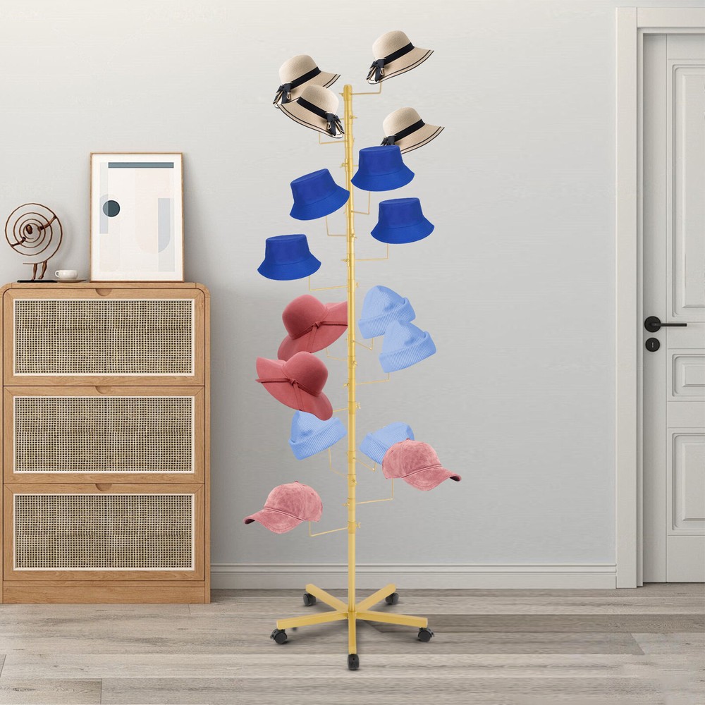 Freestanding Hat Display Rack with Adjustable Hooks & Lockable Wheels